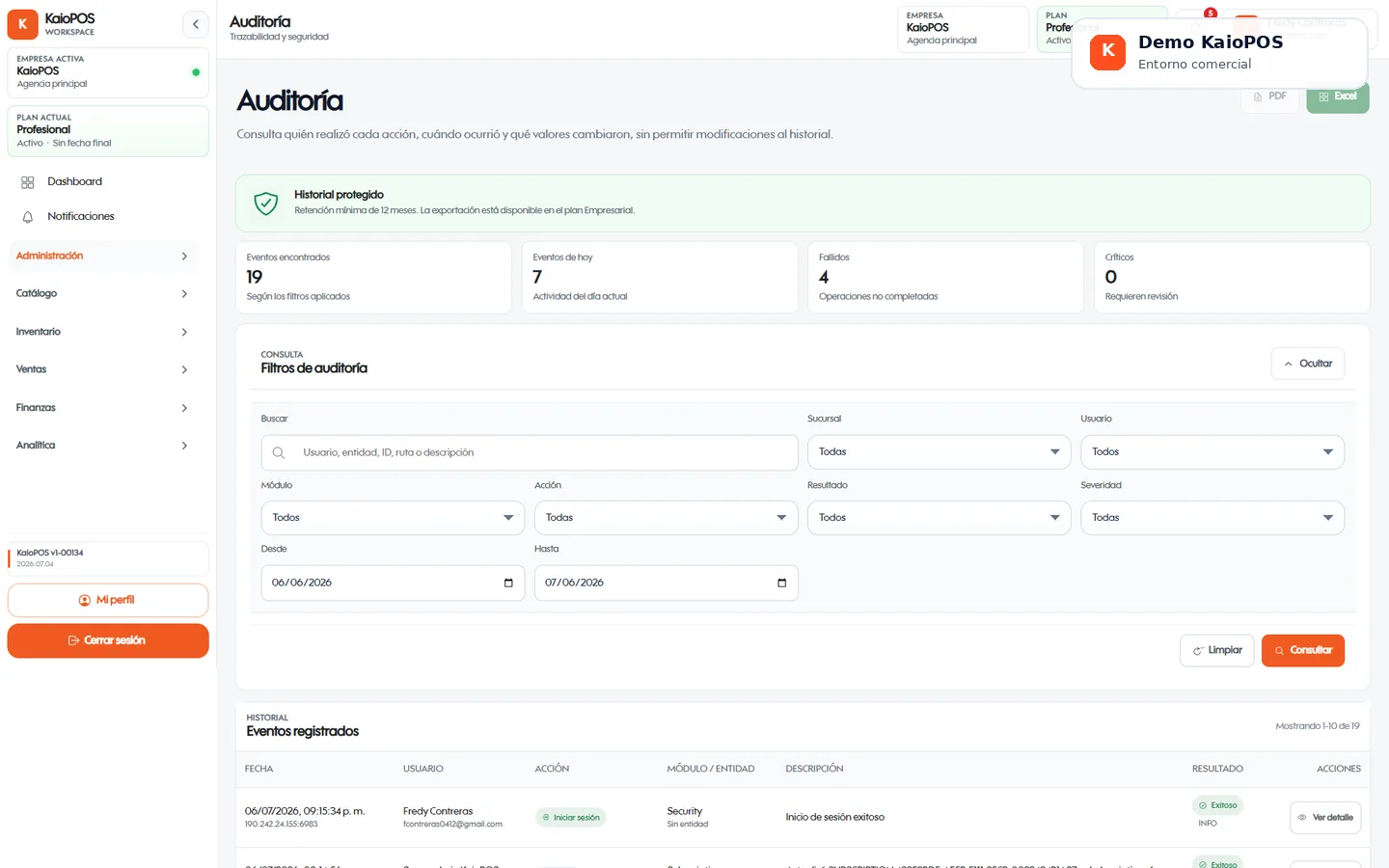 Auditoría real de KaioPOS para trazabilidad de usuarios y eventos