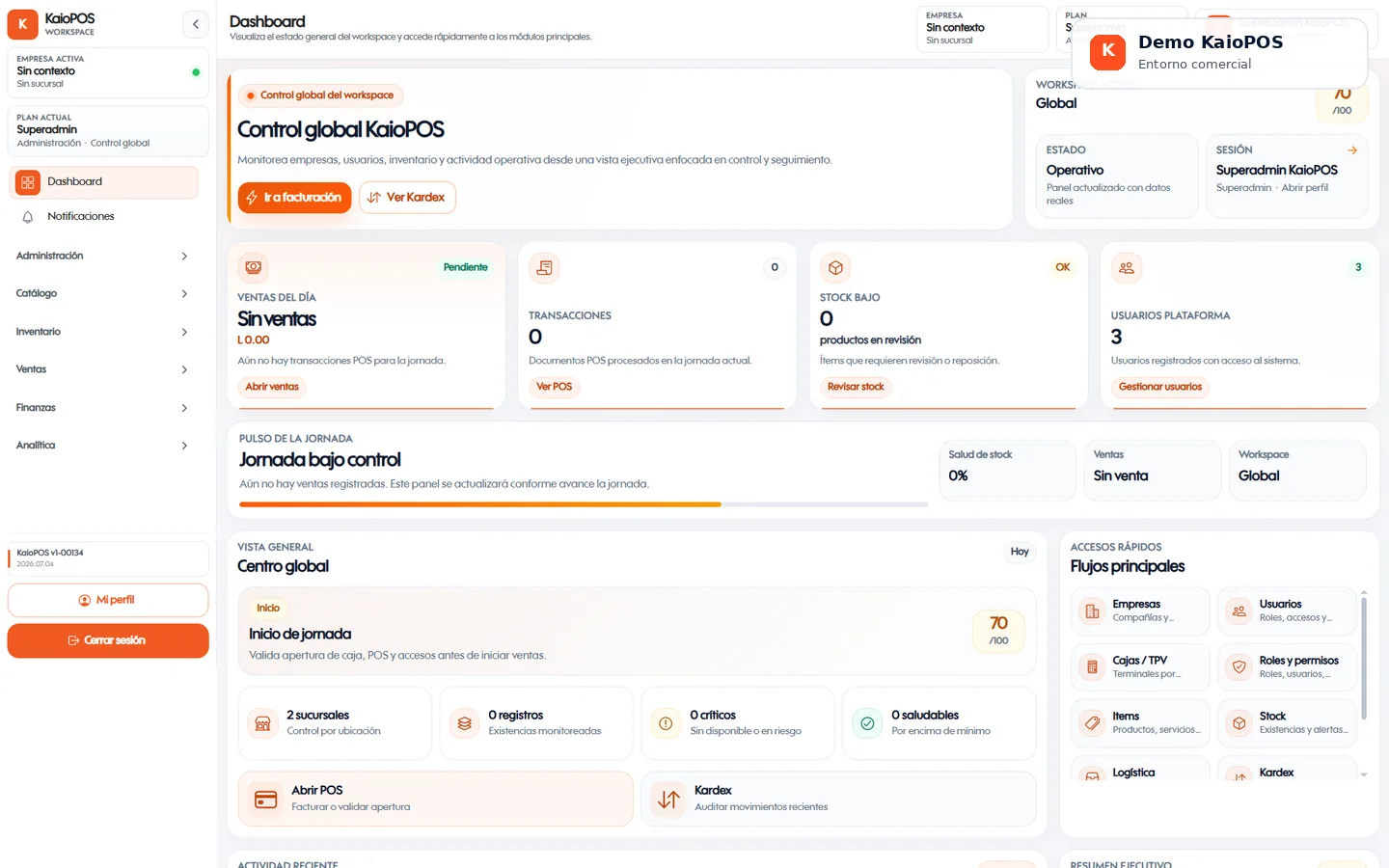 Dashboard real de KaioPOS con ventas, stock, caja y accesos rápidos